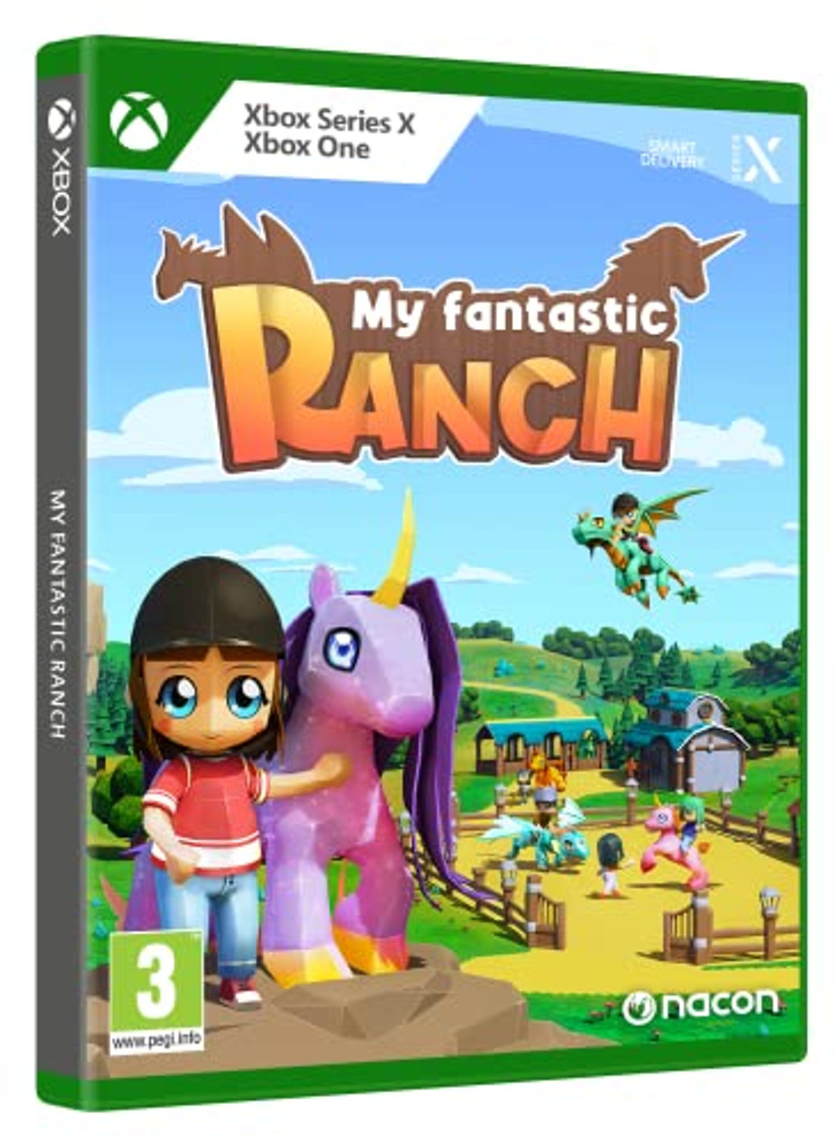 La carátula del juego My Fantastic Ranch. Una niña y un unicornio aparecen en la portada.