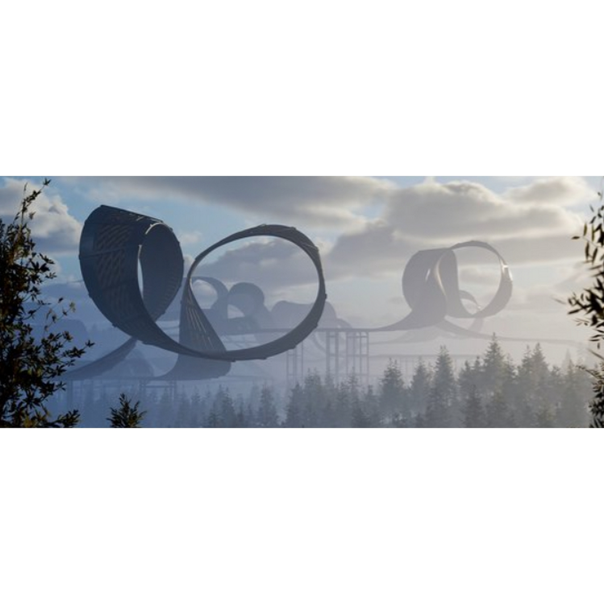 Futurystyczny tor z pętlami w górzystym krajobrazie, z drzewami na pierwszym planie. Pochmurne niebo.