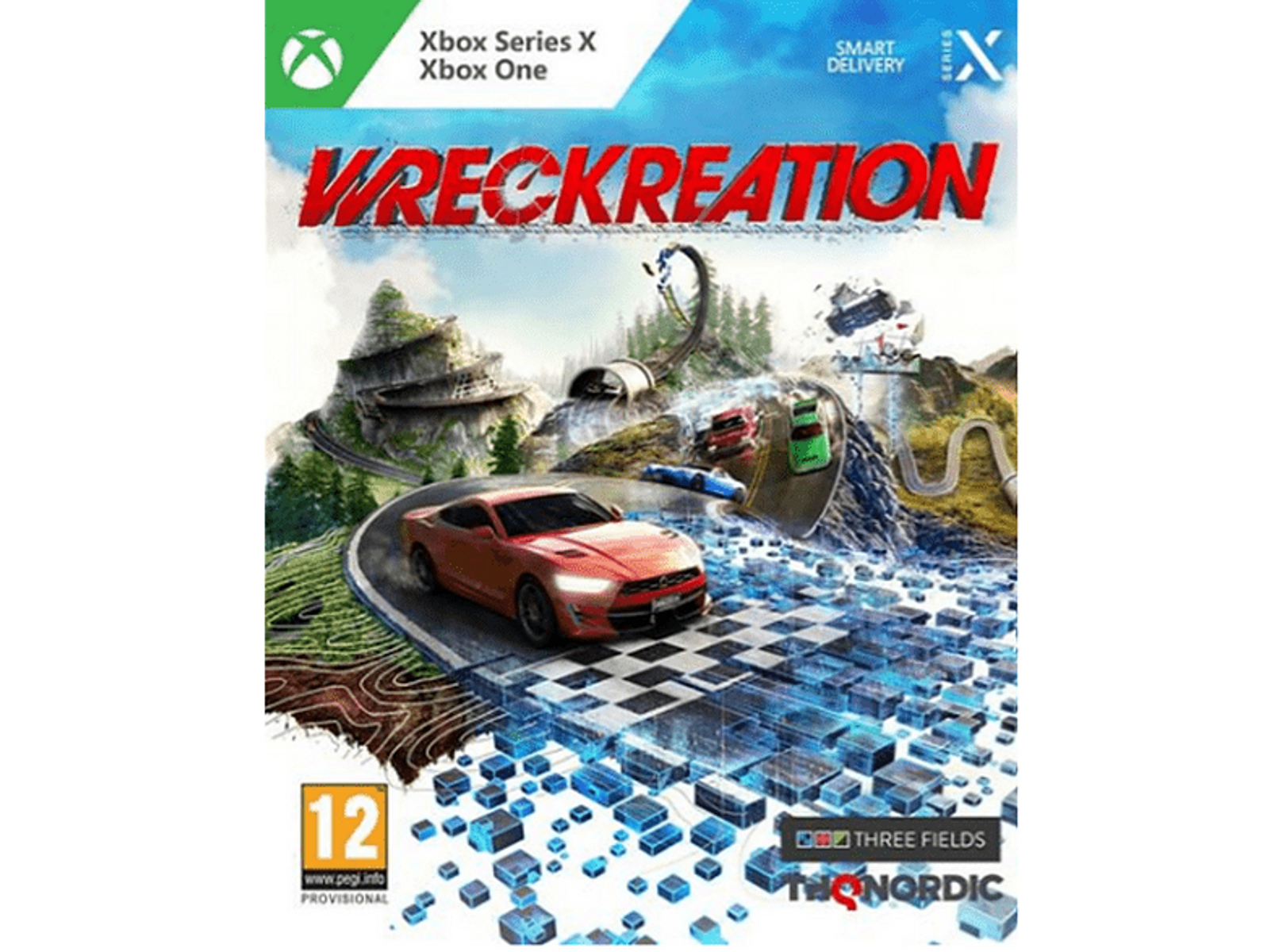 Okładka gry Wreckreation. Czerwony samochód na torze wyścigowym. W tle góry i drogi.