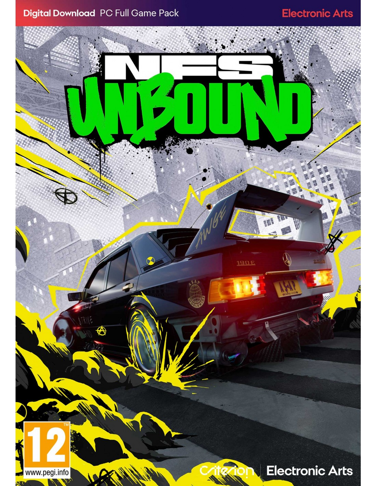 Okładka gry NFS Unbound. Czarny samochód w pośpiechu, z grafiką graffiti w tle. Widoczny krajobraz miejski.