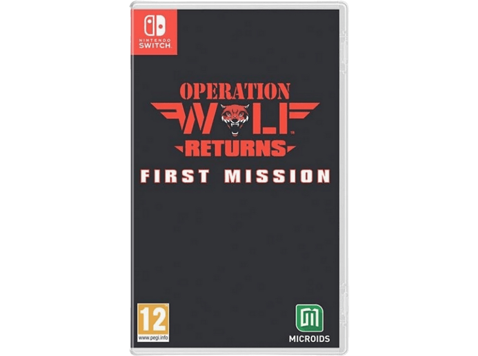 Portada del juego Operation Wolf Returns: First Mission. Presenta un diseño de lobo y texto rojo en negro.