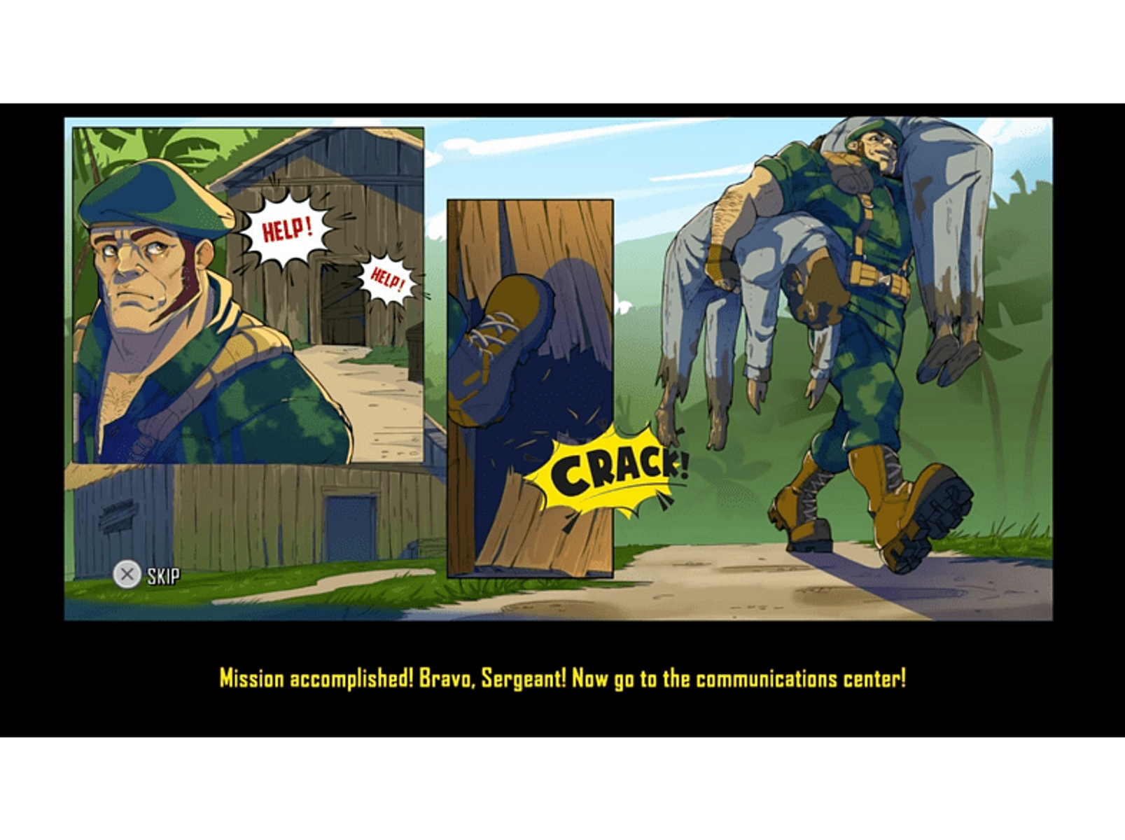 Panel de cómic. Un soldado lleva a otro soldado lejos de un edificio con explosiones.