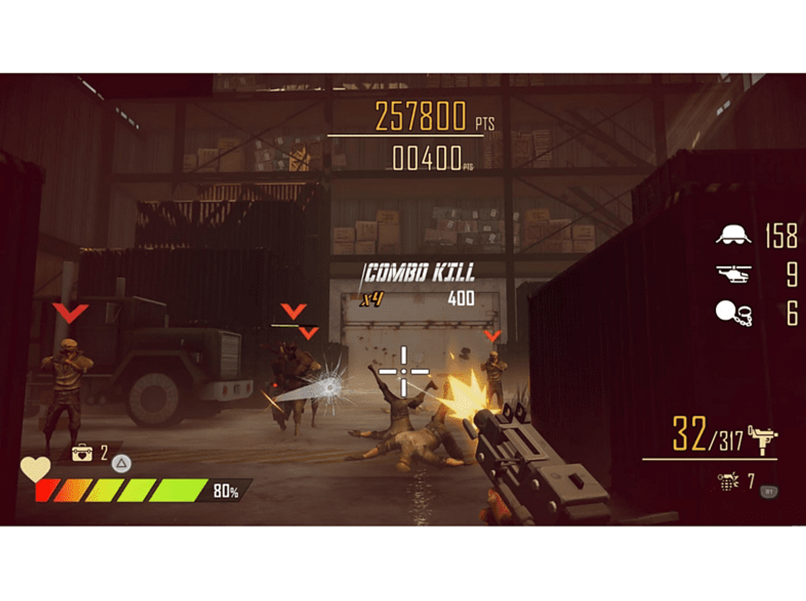 Juego de disparos en primera persona. Soldados en combate, explosiones y un arma en primer plano con estadísticas.