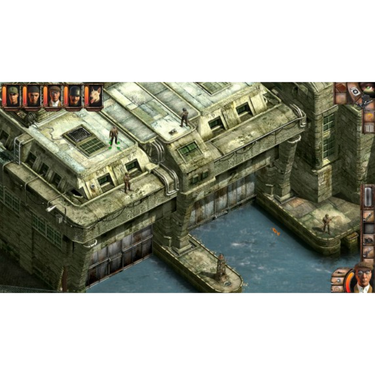 Captura de pantalla del juego. Un edificio complejo, con personajes en la parte superior.