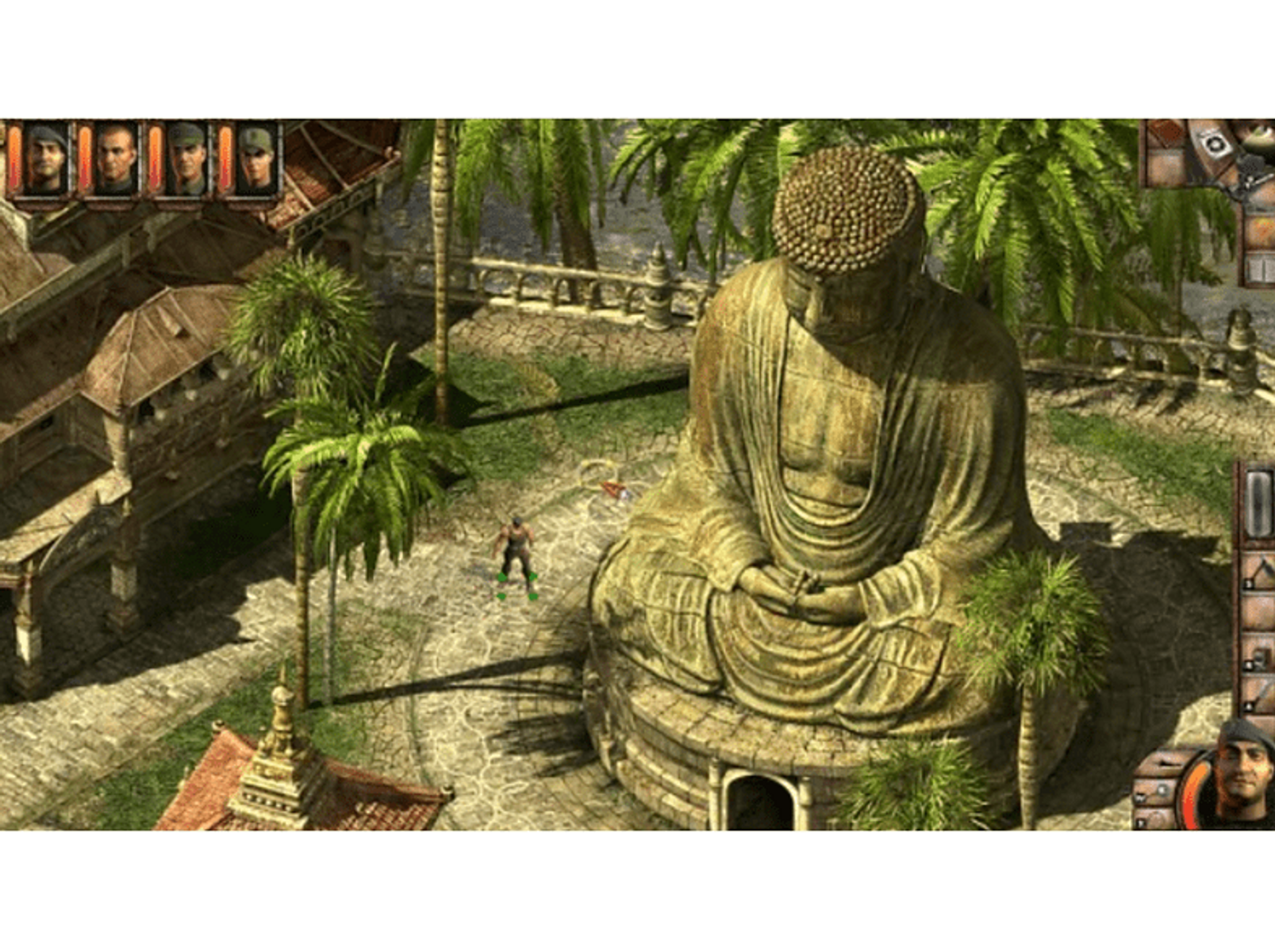Escena de juego isométrica con una gran estatua de Buda, soldados y un edificio en un área de templo.
