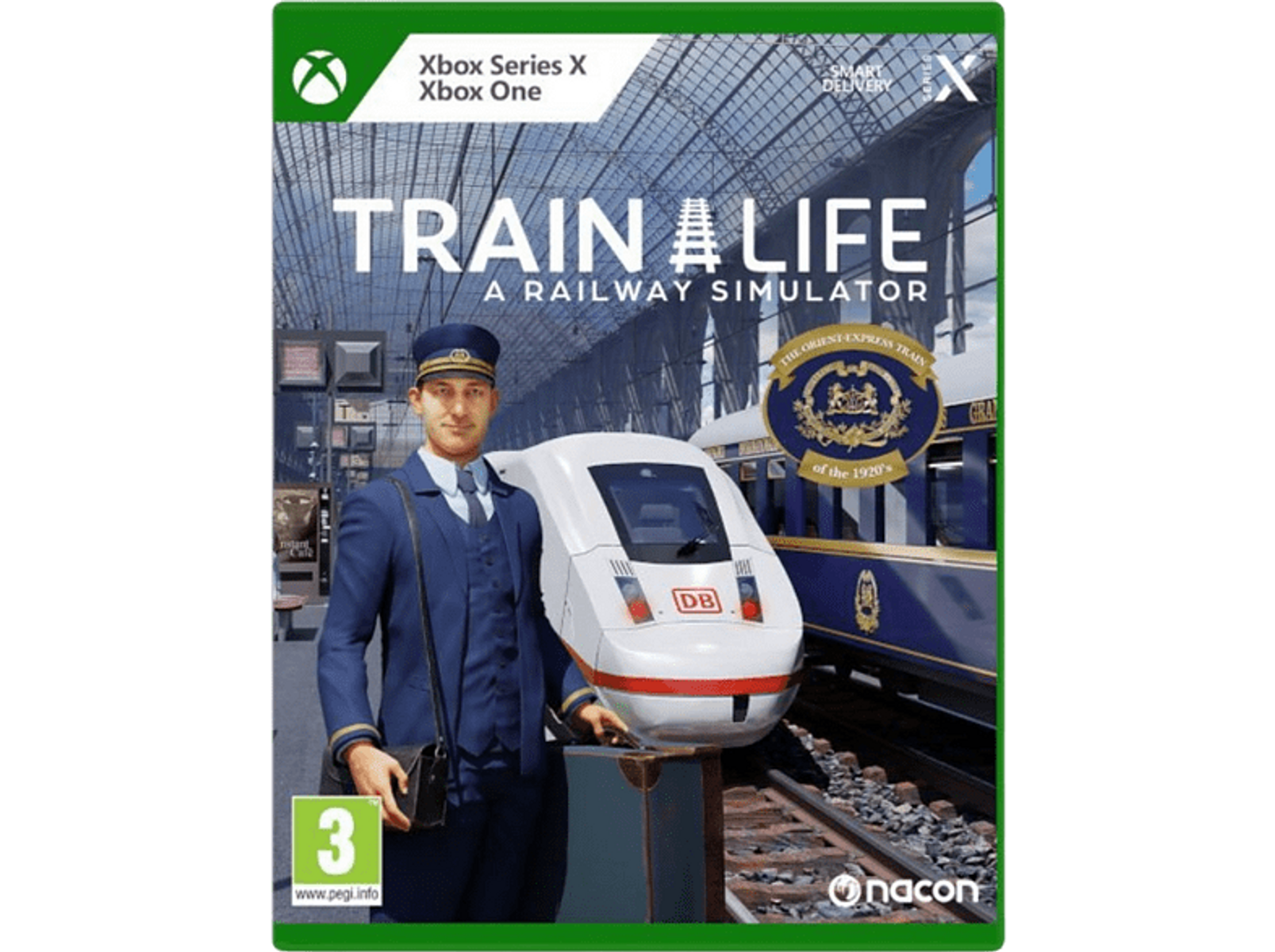 Okładka Train Life: A Railway Simulator, przedstawiająca konduktora obok pociągu, stacji i logo.