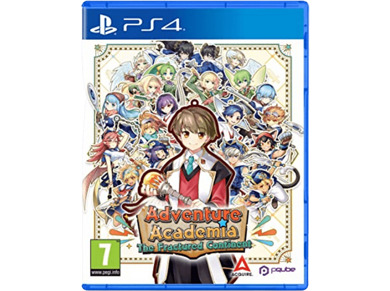 Copertina del gioco per PS4. Adventure Academia: The Fractured Continent. Molti personaggi anime con un personaggio maschile centrale.