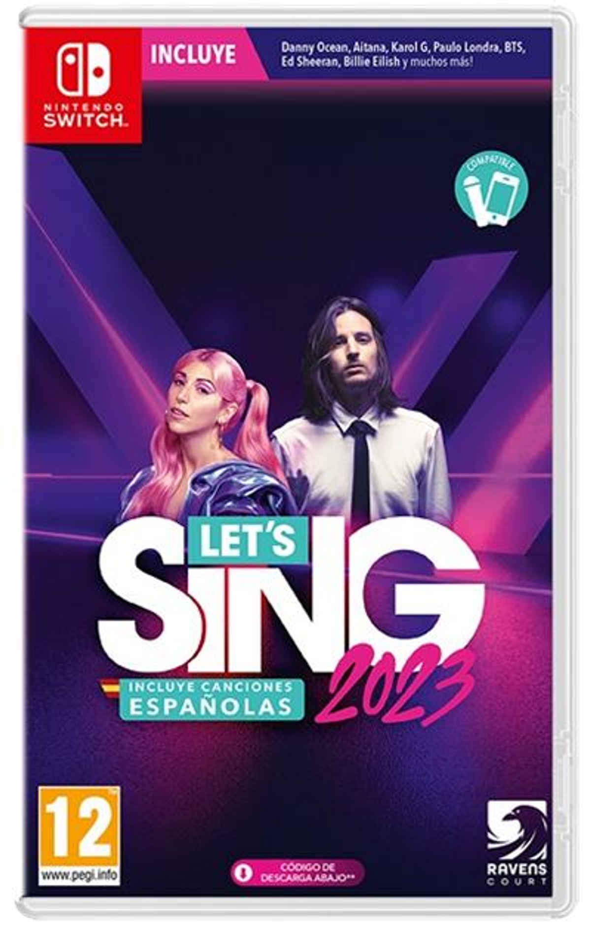 Caja de juego de Nintendo Switch: Let's Sing 2023, con dos cantantes en la portada.