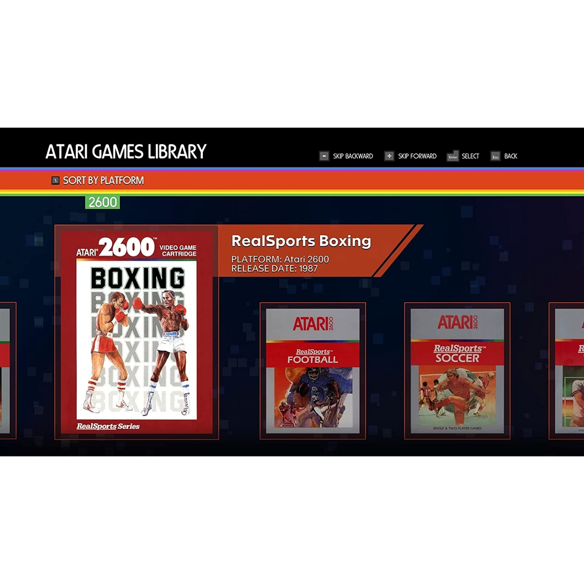 Ekran z biblioteki gier Atari z wieloma okładkami gier, w tym RealSports Boxing.