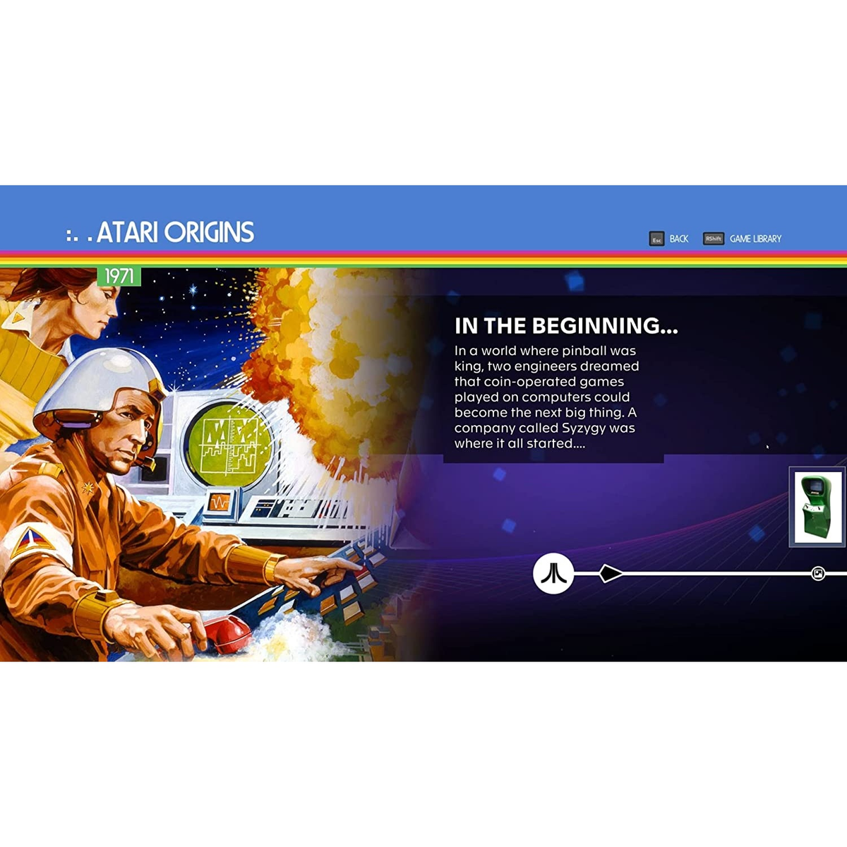 Zrzut ekranu interfejsu gry Atari Origins, pokazujący grę arkadową Atari z 1971 roku.