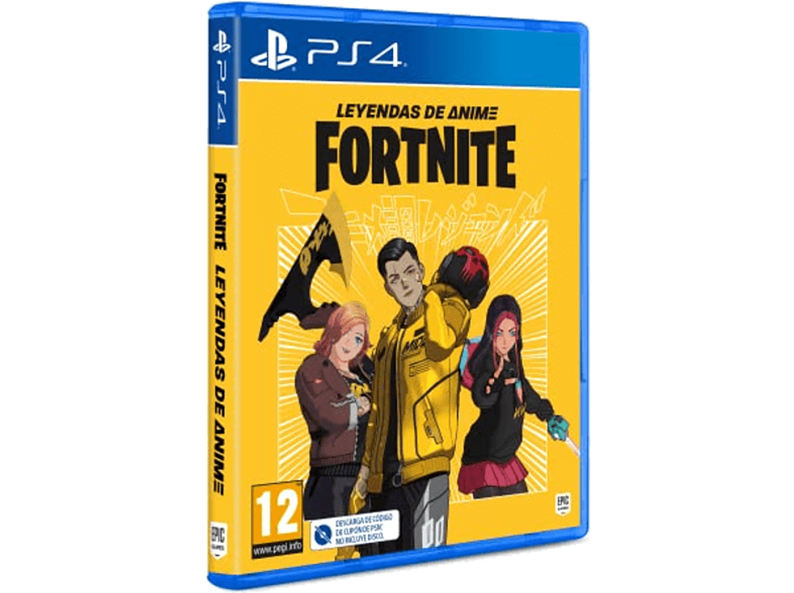 Portada del juego 'Fortnite Leyendas de Anime' con personajes anime y fondo amarillo.