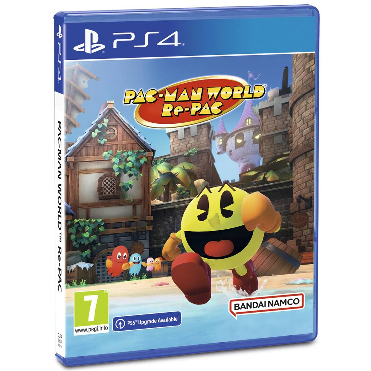 Okładka gry, Pac-Man biegnie. Tytuł: Pac-Man World Re-Pac. Budynki i postacie w tle.