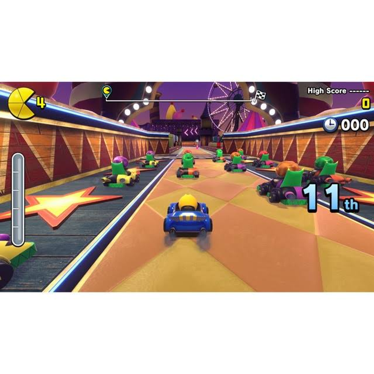 Gra wyścigowa w karting na kolorowym torze. Wiele gokartów ściga się, z niebieskim gokartem w centrum uwagi.