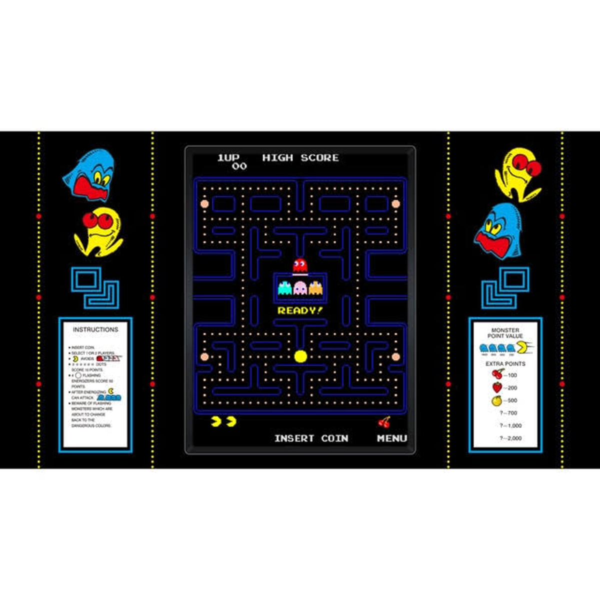 Ekran gry zręcznościowej Pac-Man. Duchy w rogach, Ready! na środku, Insert Coin i Menu.