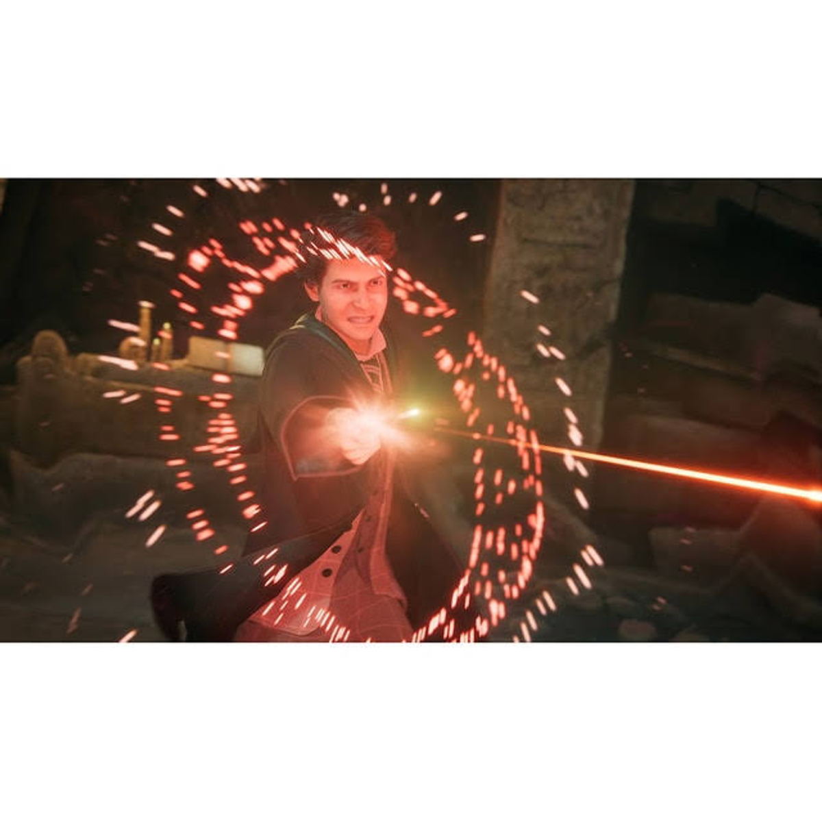 Scena z gry Harry Potter: czarodziej rzucający zaklęcie, z czerwonymi iskrami.