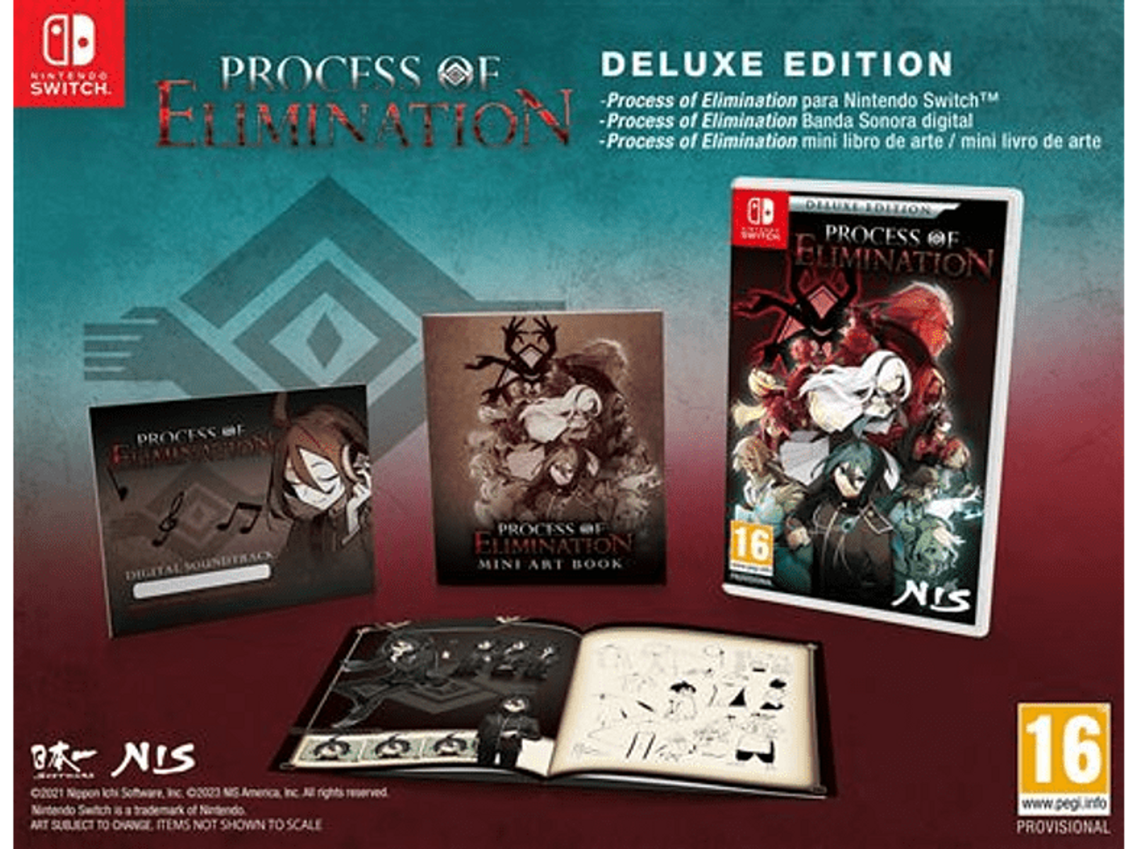 Zestaw pudełkowy gry na Nintendo Switch: Process of Elimination. Zawiera grę, ścieżkę dźwiękową i artbook.