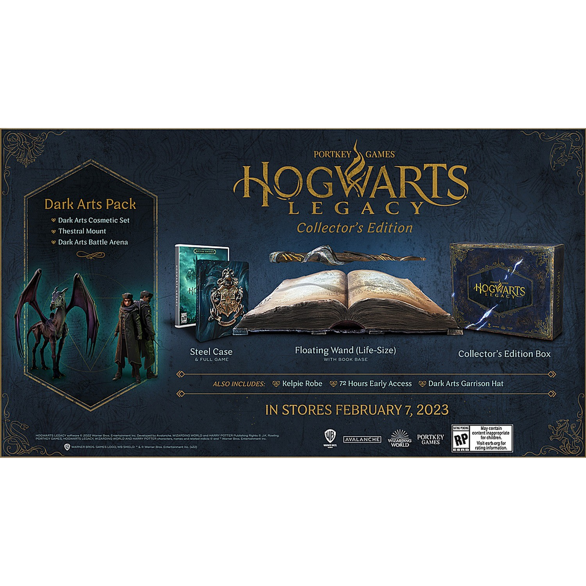 Edición de coleccionista de Hogwarts Legacy. Incluye juego, varita, estuche y artículos adicionales, sobre fondo oscuro.