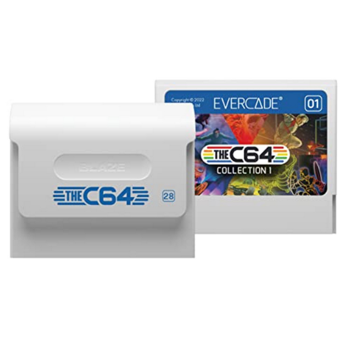 Białe etui na kartridż do gier Evercade i kartridż do gier. Gra to The C64 Collection I.