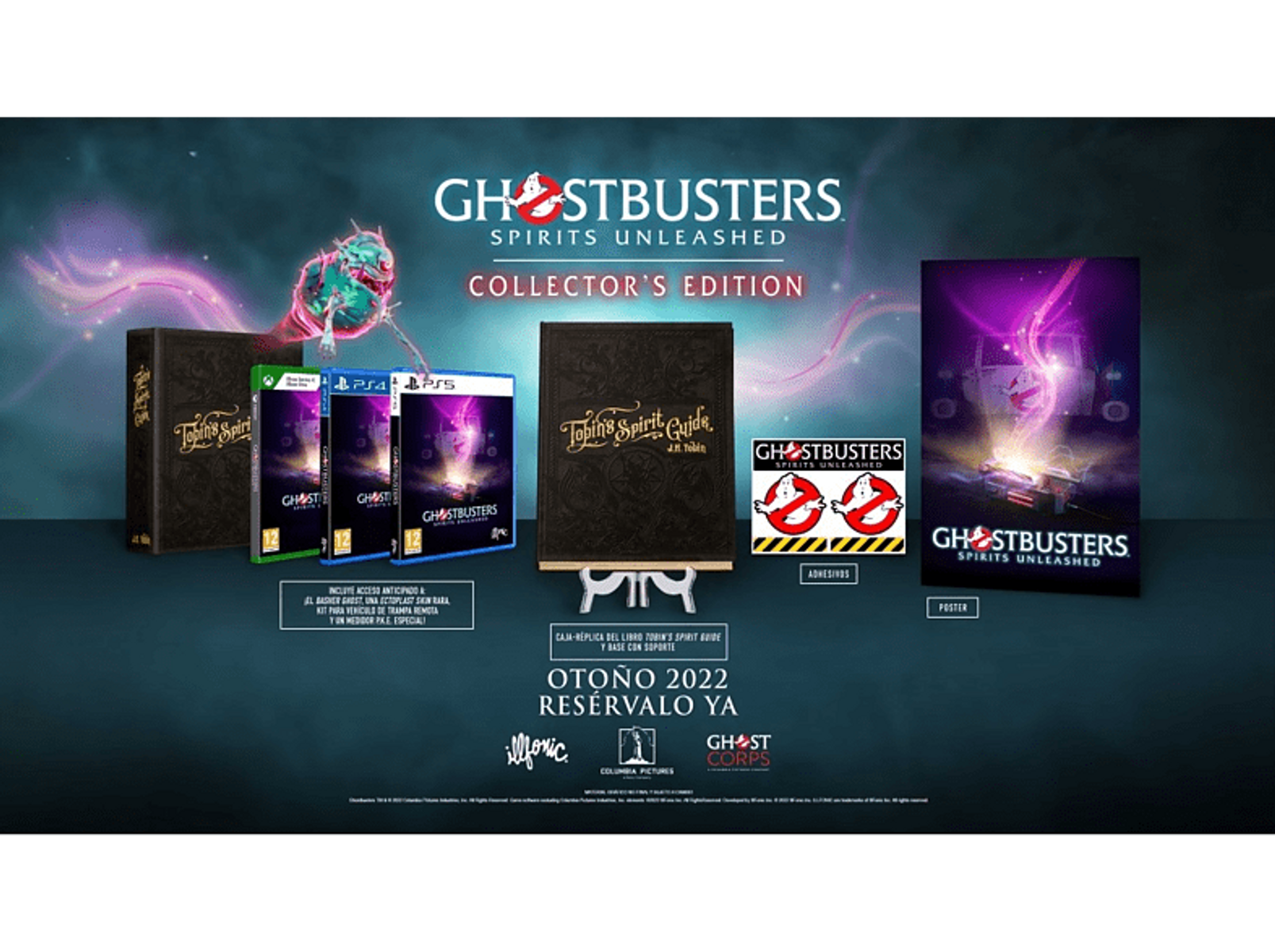 Ghostbusters Spirits Unleashed Collector's Edition Spielbox-Set, mit Spielpatronen und einem Poster.