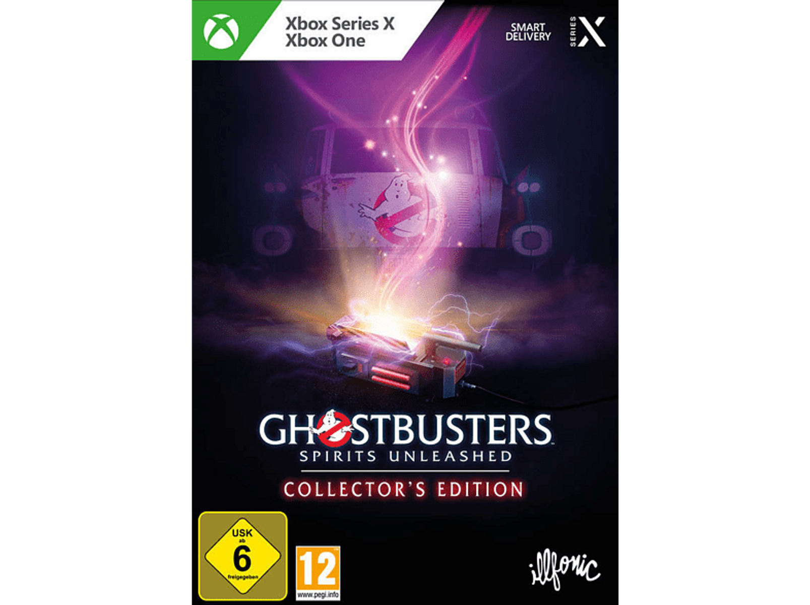 Ghostbusters: Spirits Unleashed-Spiel-Cover. Ein Gerät emittiert Licht, mit dem Ecto-1 und Figuren im Hintergrund.