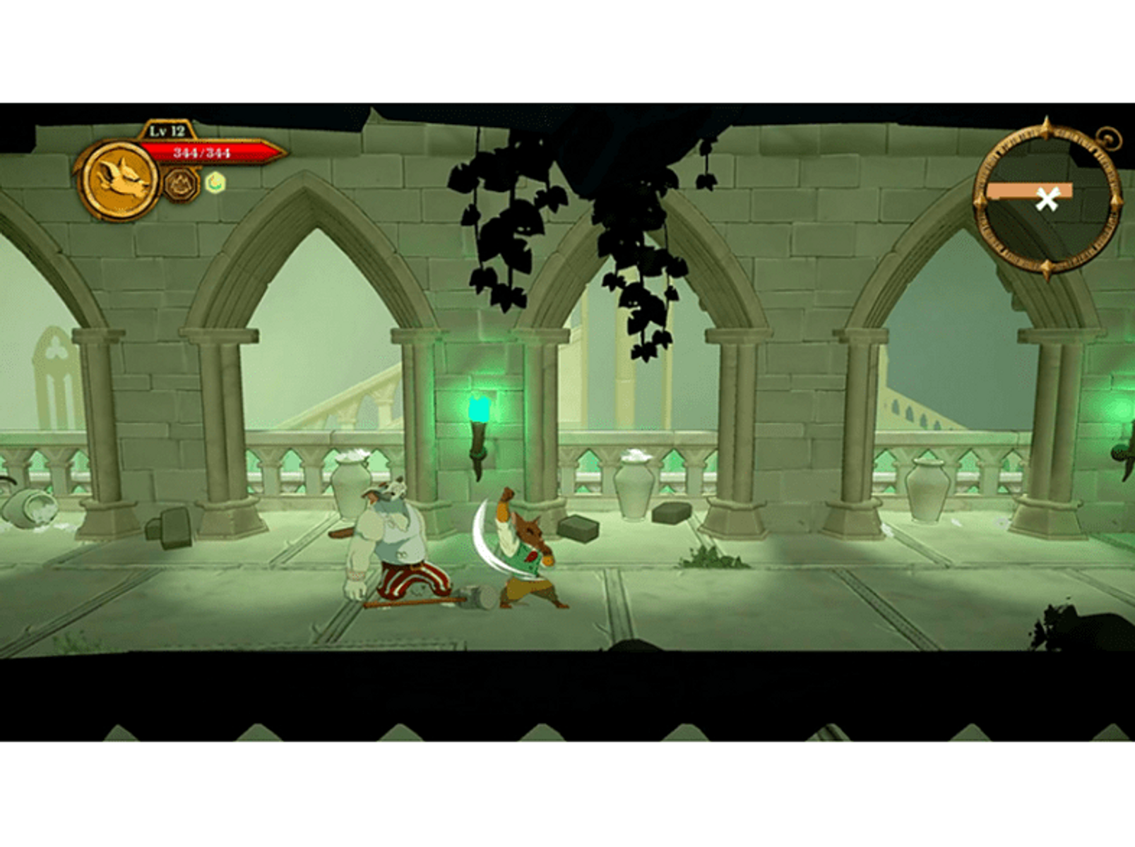 Una scena di gioco mostra due personaggi che combattono in un ambiente simile a un castello.