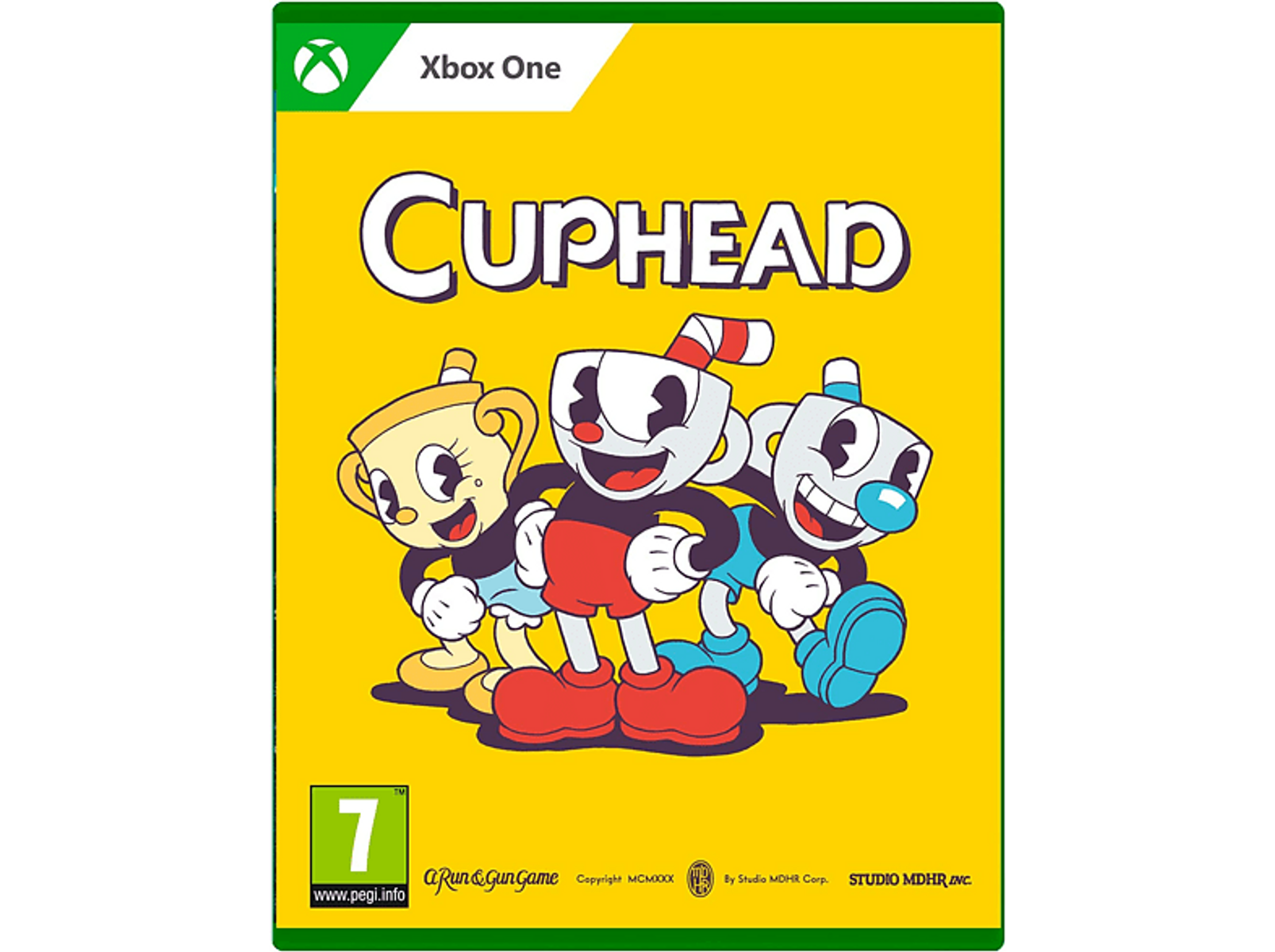 Spiel-Box-Art. Drei Cartoon-Tassen auf gelbem Hintergrund. Titel: 'Cuphead'.