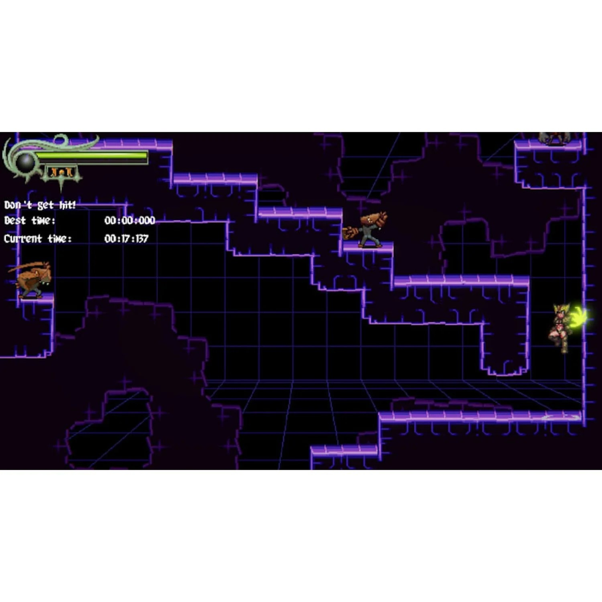Una scena di gioco a scorrimento laterale con un personaggio che corre su piattaforme in un ambiente digitale.
