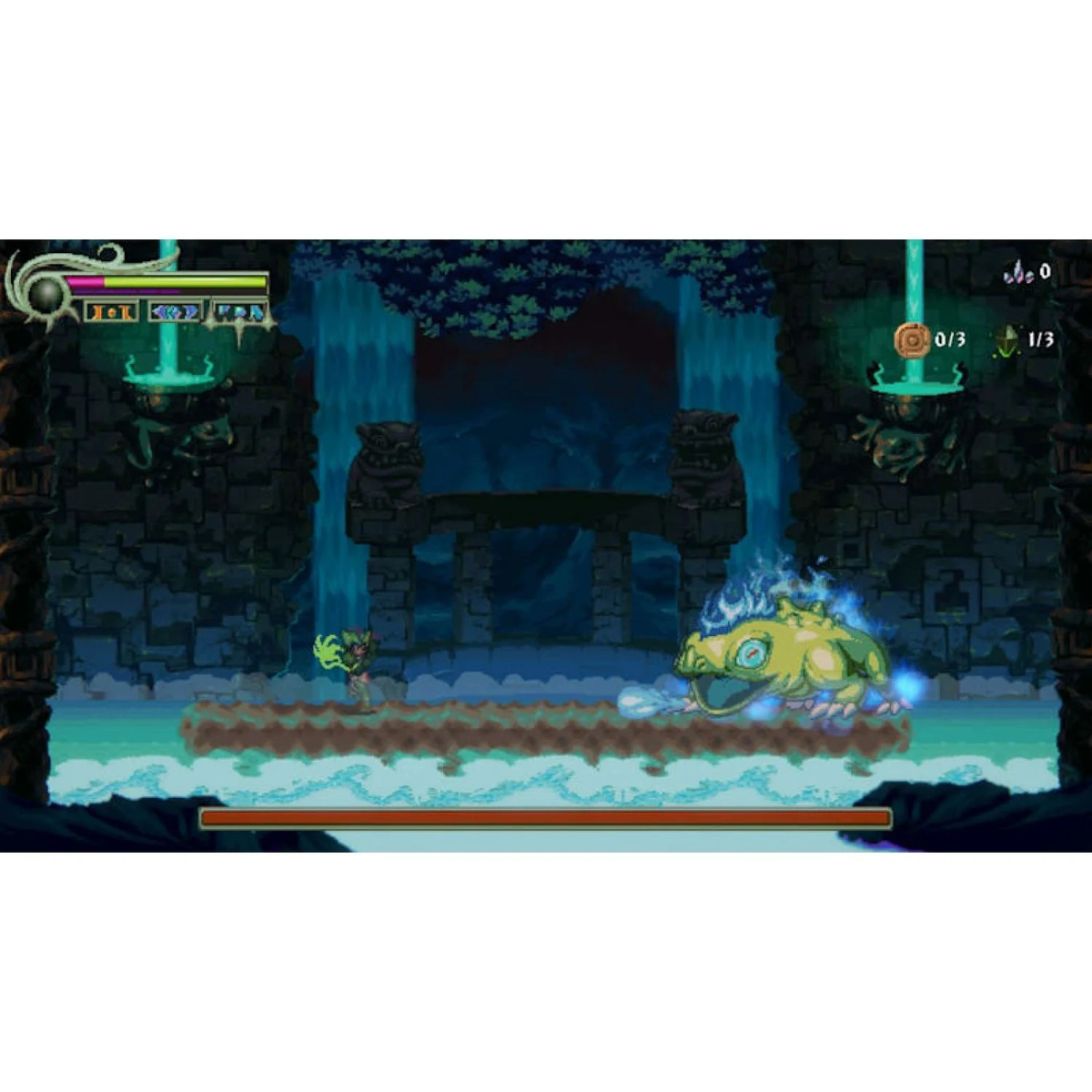Una scena di gioco a scorrimento laterale con un guerriero, cascate e un grande mostro.