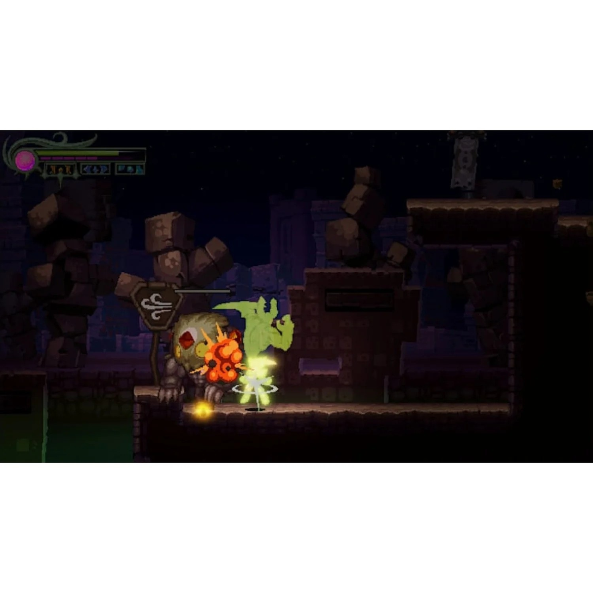 Una scena di gioco pixelata di un personaggio che combatte contro un mostro in un ambiente buio.