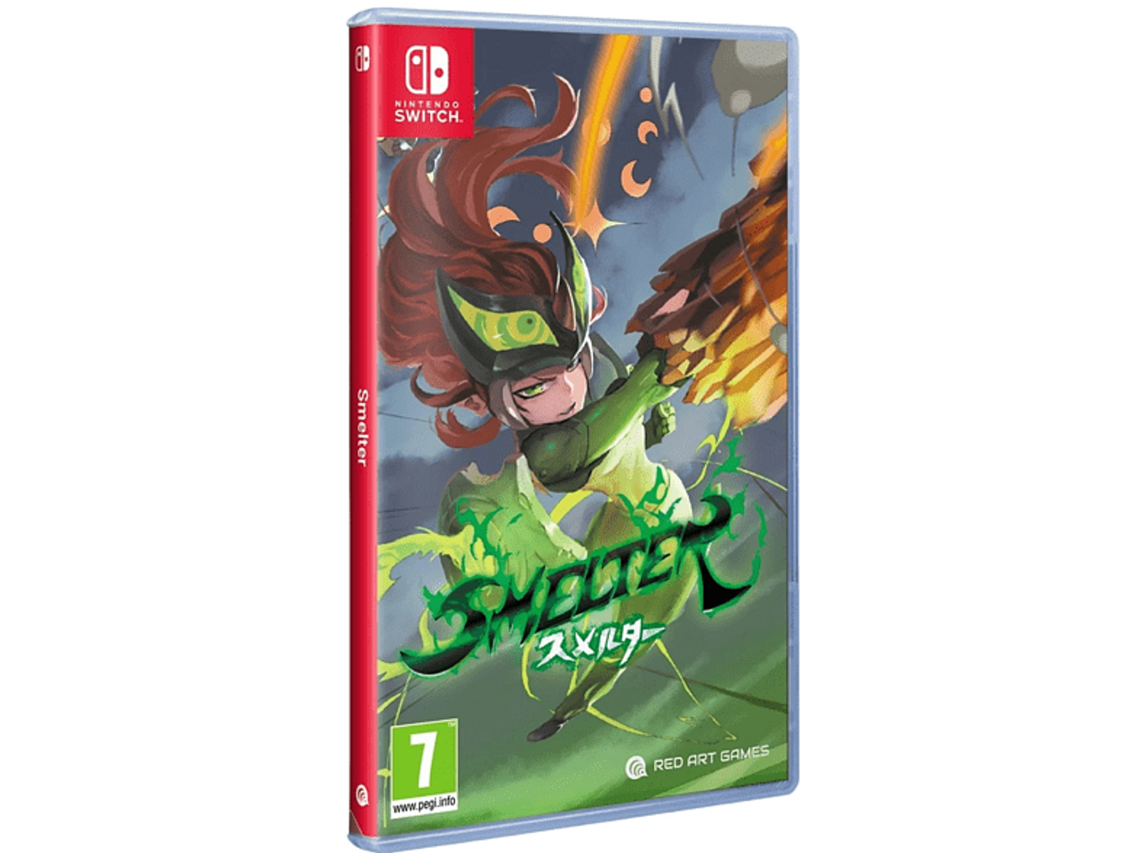 Scatola del gioco per Nintendo Switch. Un personaggio con un'armatura verde attacca. Il nome del gioco è Smelter.