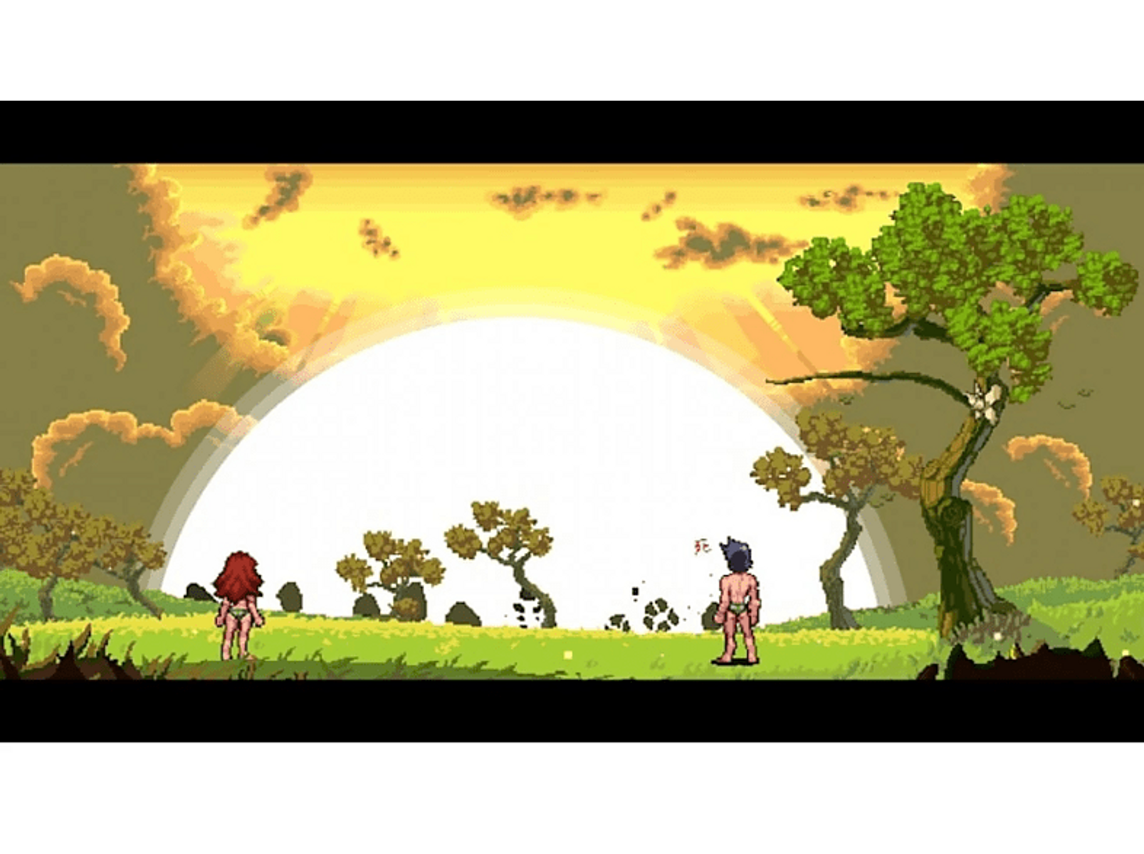 Scena pixelata: due persone nude in un campo che si guardano. Un tramonto è dietro di loro.
