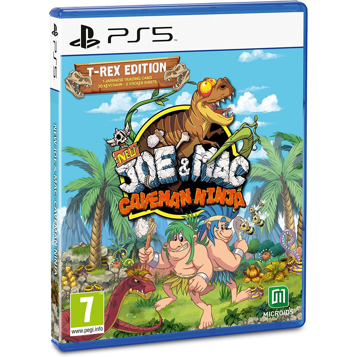 Caja de juego: New Joe & Mac: Caveman Ninja, con cavernícolas y dinosaurios.
