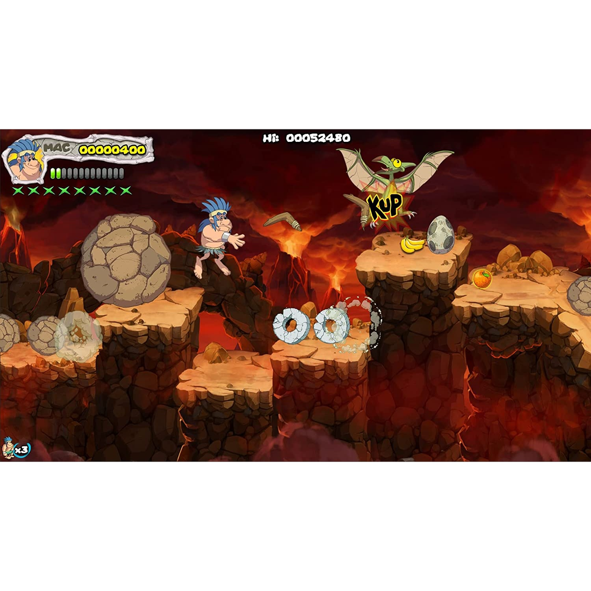 Un hombre de las cavernas huye de un dragón en un juego de plataformas de desplazamiento lateral. La lava llena el fondo.