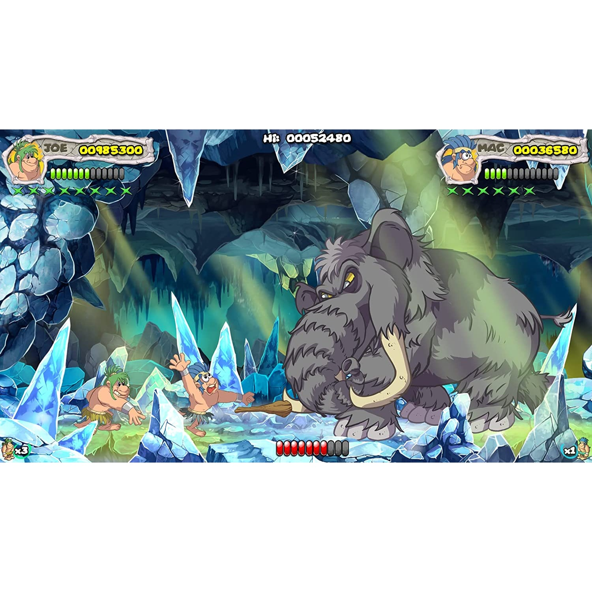 Juego de hombres de las cavernas. Dos hombres de las cavernas luchan contra un mamut. El fondo es una cueva con cristales de hielo y cielo azul.