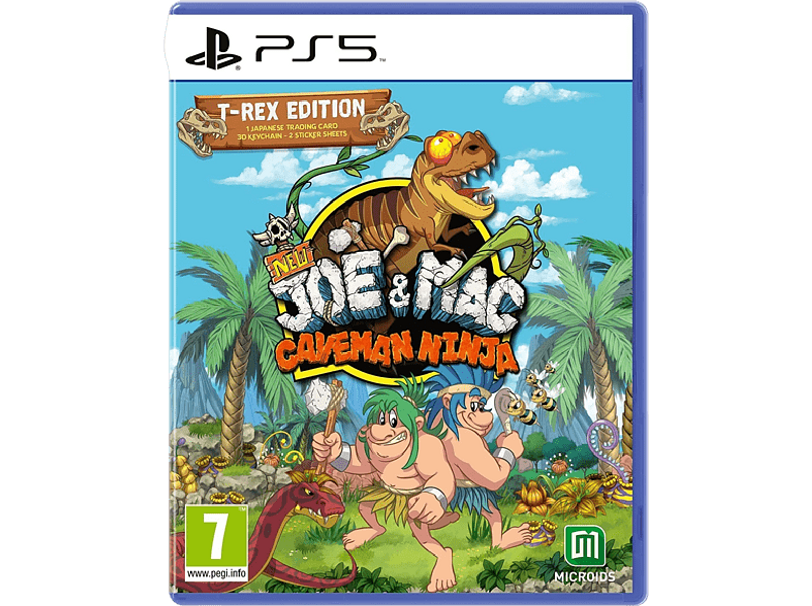 Portada del juego PS5: Ninja cavernícola, edición T-Rex, título "Joe & Mac: Caveman Ninja".