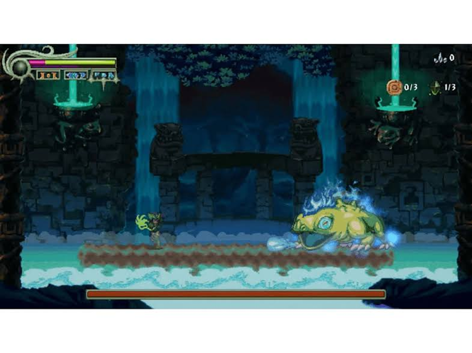 Una escena de videojuego pixelada. Un personaje lucha contra un gran monstruo cerca de cascadas.
