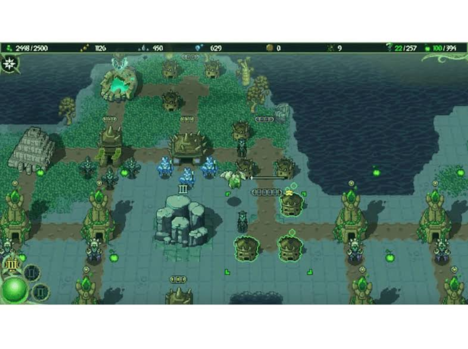 Una escena de juego de estrategia con edificios y unidades en un mapa de cuadrícula.