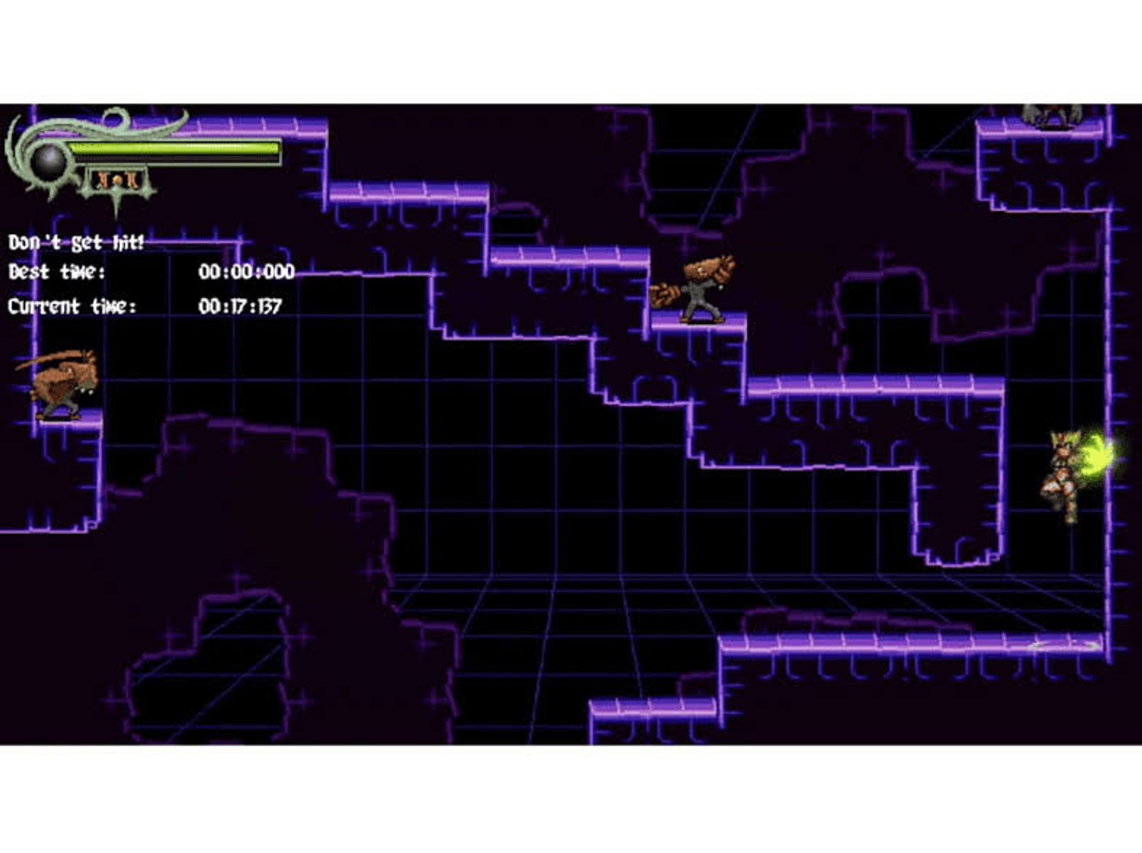 Una escena de videojuego con un personaje que navega por un entorno morado similar a una cuadrícula, con enemigos.