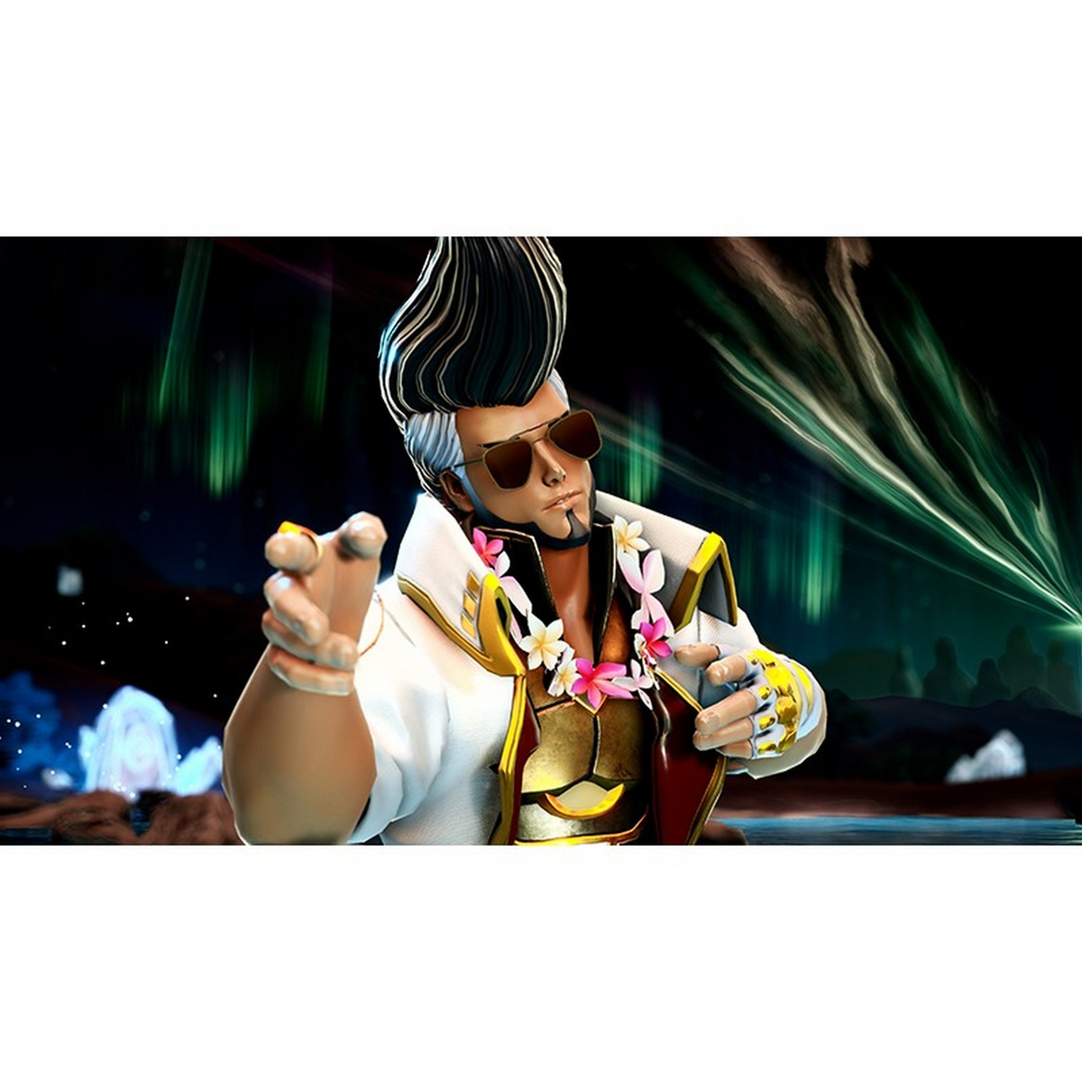 Mężczyzna w okularach przeciwsłonecznych wskazujący, biała kurtka, kwiatowy naszyjnik, zielone i niebieskie światło.