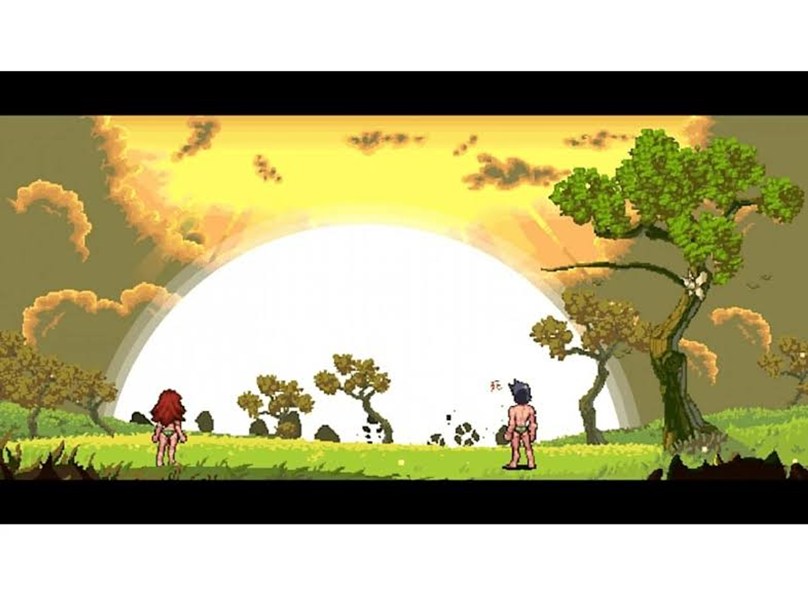Escena de pixel art con dos figuras desnudas en un campo. Gran sol en el fondo, árboles y cielo.