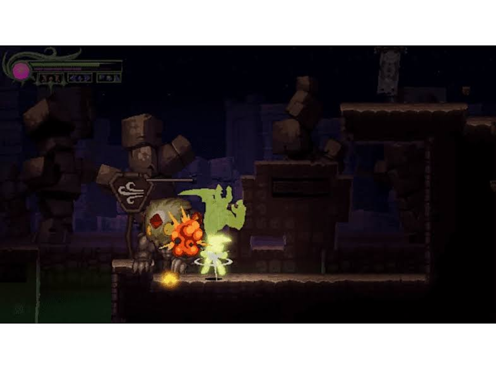 Escena del juego: un personaje luchando contra un monstruo, efectos de energía verde y escombros.