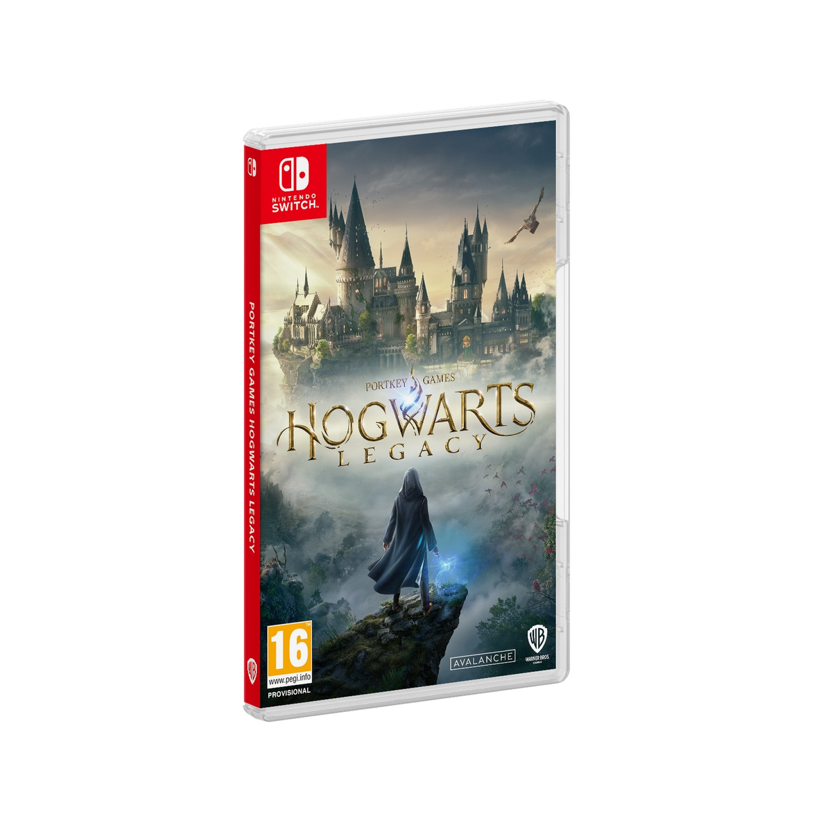 Scatola del gioco Hogwarts Legacy con una figura e l'arte del castello.