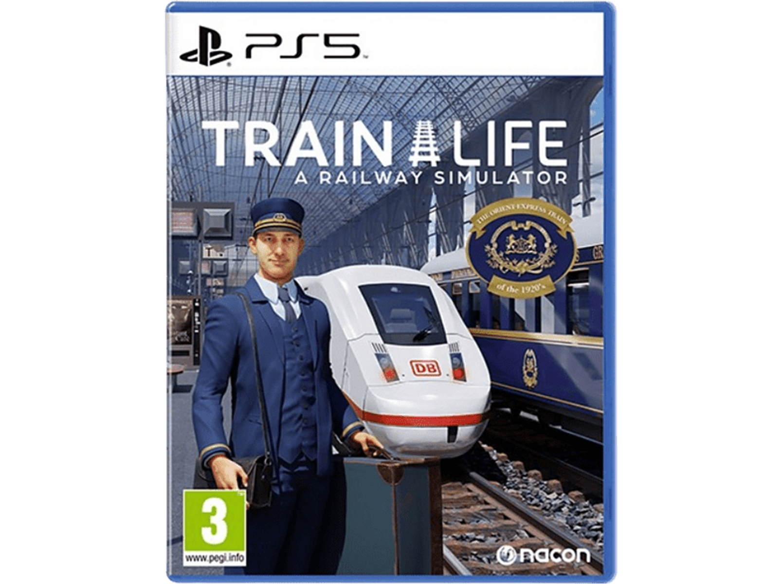 Copertina del gioco PS5. Gioco Train Life. Macchinista in uniforme, treno, simulatore ferroviario.