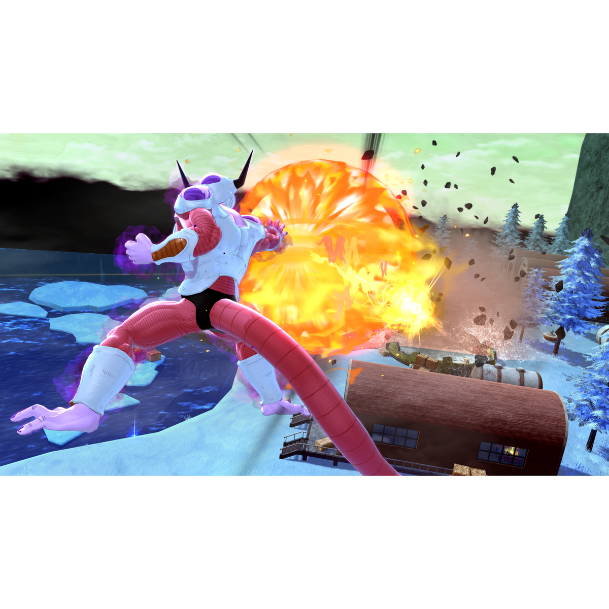 Frieza atakuje wybuchem energii. Zaśnieżona scena z budynkami.