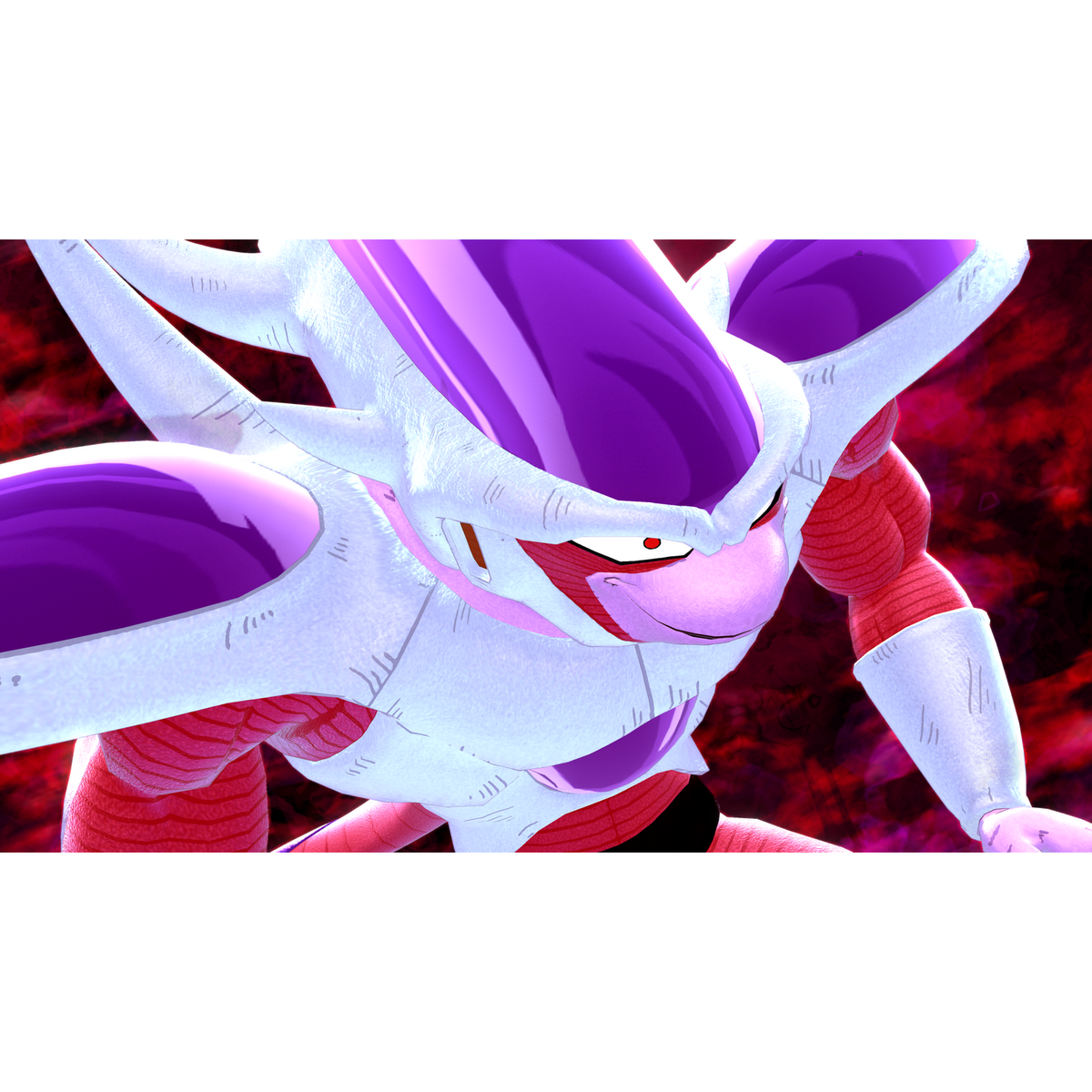 Frieza w ostatecznej formie, biały i fioletowy, czerwone tło. Zbliżenie na twarz.