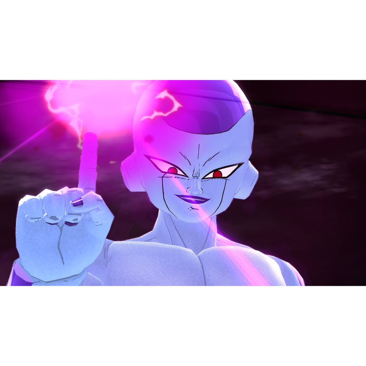 Postać z anime Frieza, wskazująca. Fioletowa kula energii w tle, ciemne otoczenie.