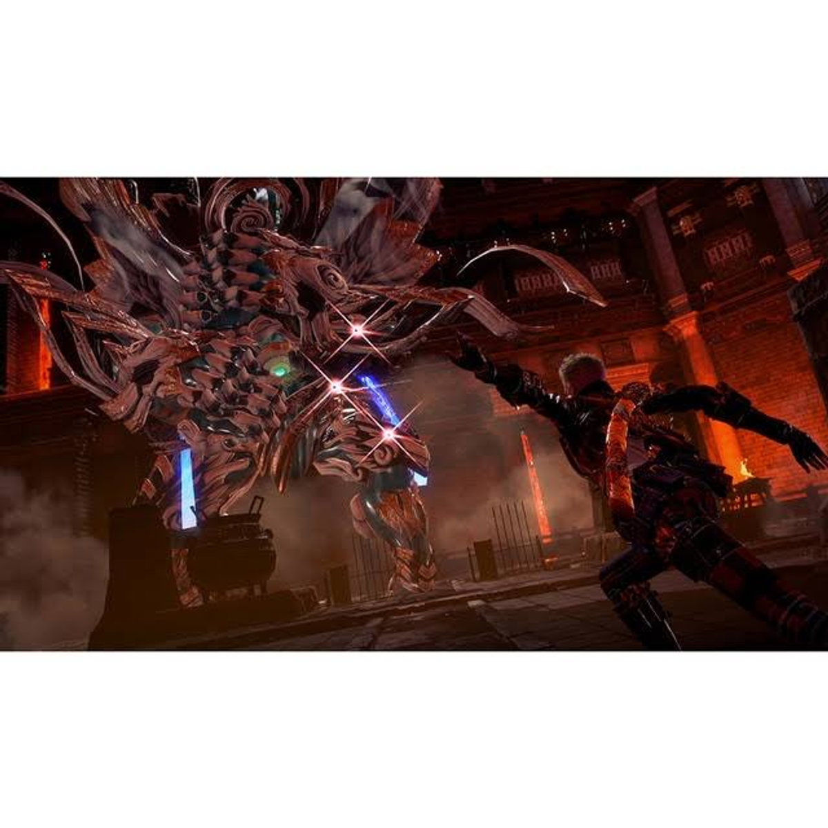 Scena z gry wideo z dwiema postaciami walczącymi z dużą istotą.