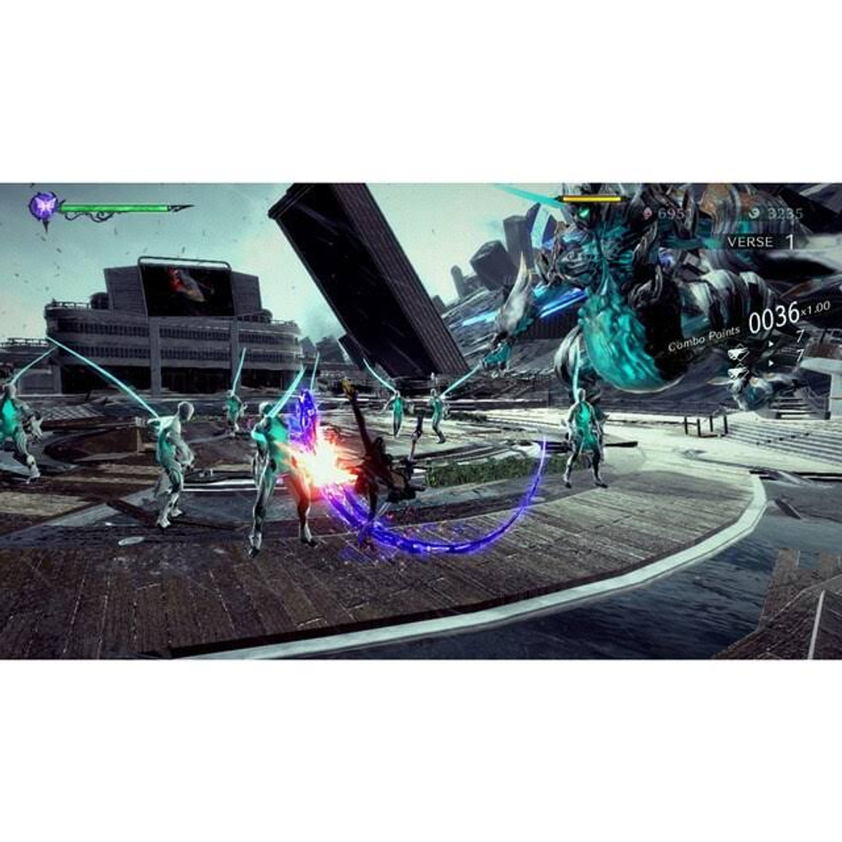 Scena z gry wideo z wieloma postaciami walczącymi z dużym potworem na platformie.