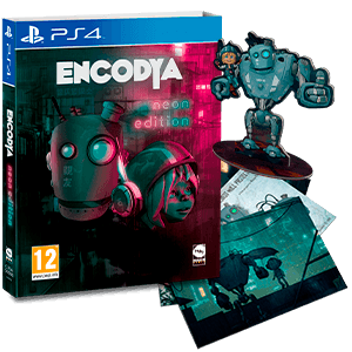 Pudełko z grą Encodya Neon Edition. Zawiera etui na grę, figurkę robota i karty z grafikami.