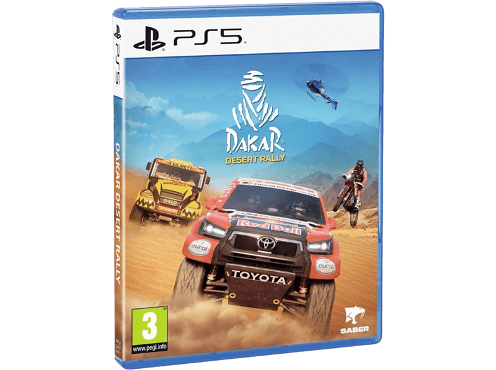 Okładka gry Dakar Desert Rally. Przedstawia samochody wyścigowe na pustynnym torze z helikopterem.